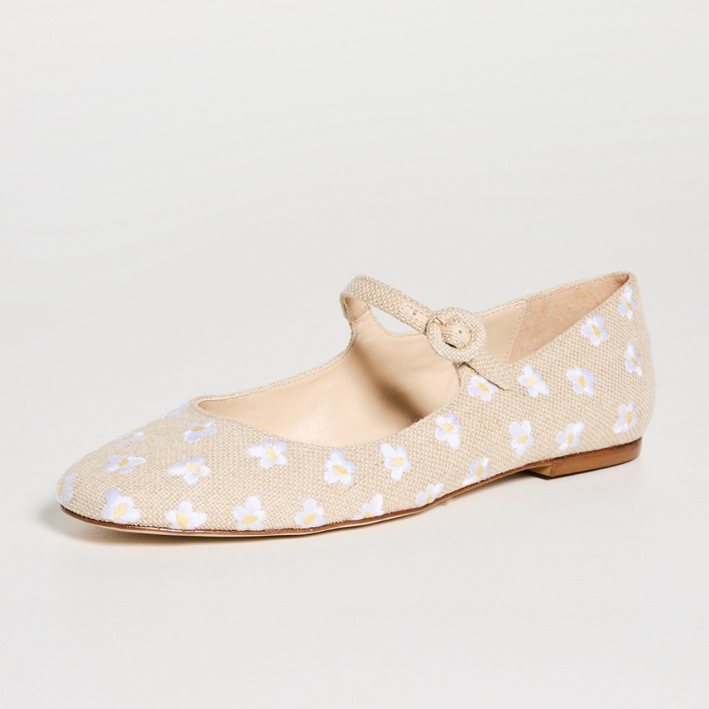 EUC Larroude Blair Mary Jane Ballet Flats Raw Raffia Daisy Embroidery 6.5